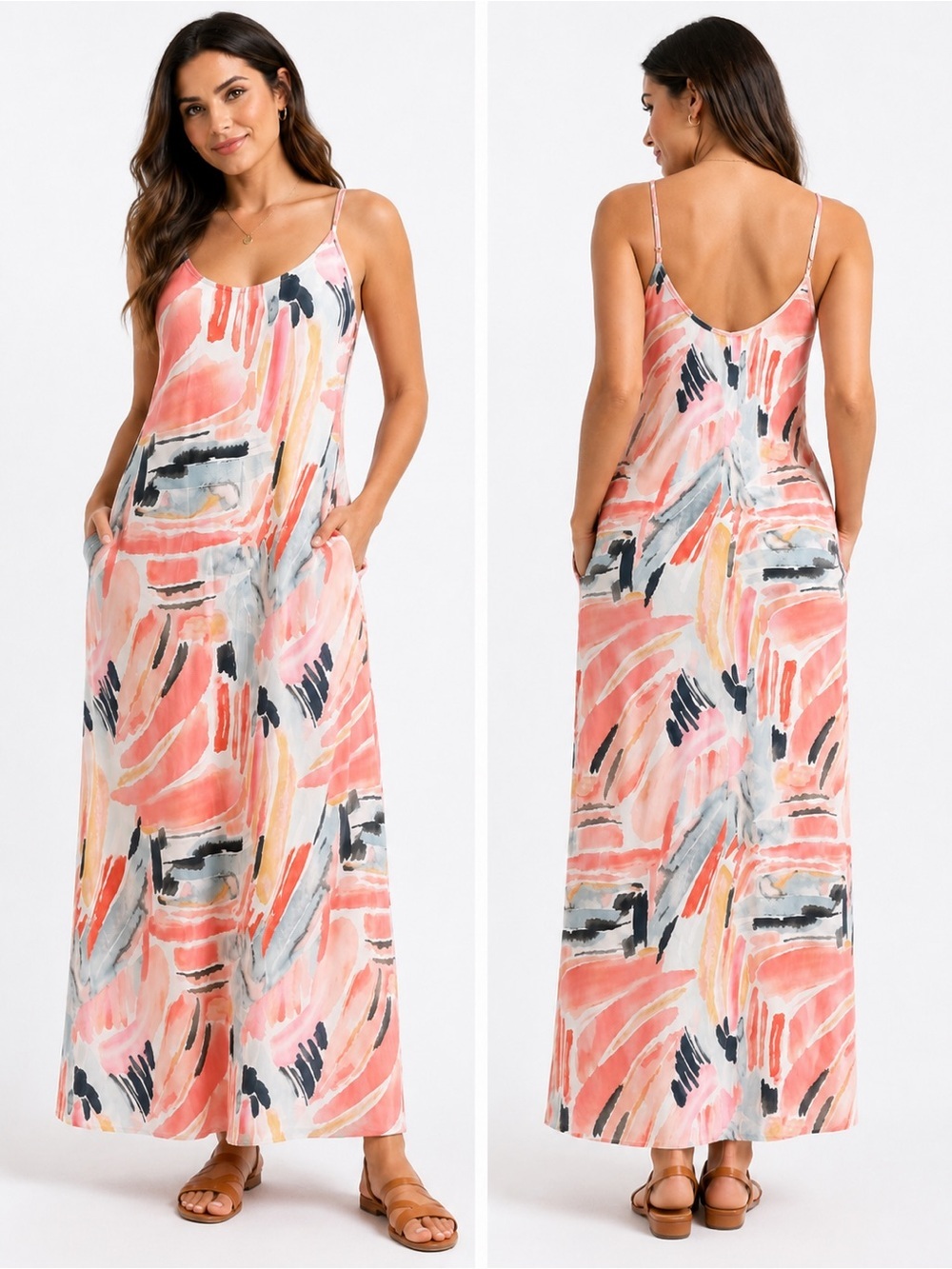 Sleeveless Coral Abstract Print Maxi Dress